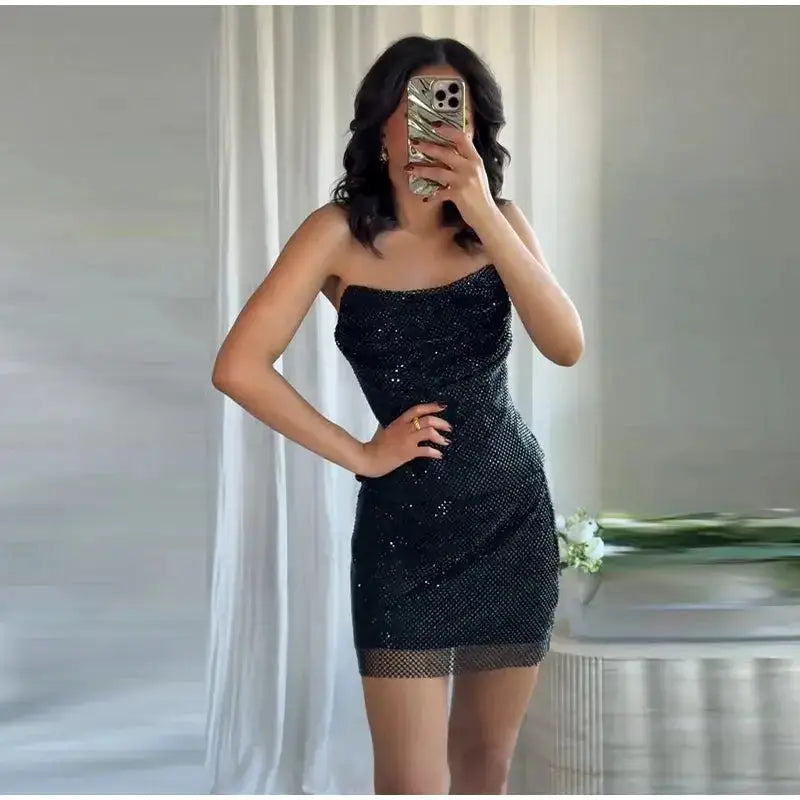 Rhinestone Shining Sexy Evening Dress Women Sleeveless Backless Slim Party Pleated Gown Female Dresses Street Vacation Lady Robe by Dropshipman