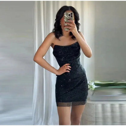 Rhinestone Shining Sexy Evening Dress Women Sleeveless Backless Slim Party Pleated Gown Female Dresses Street Vacation Lady Robe by Dropshipman
