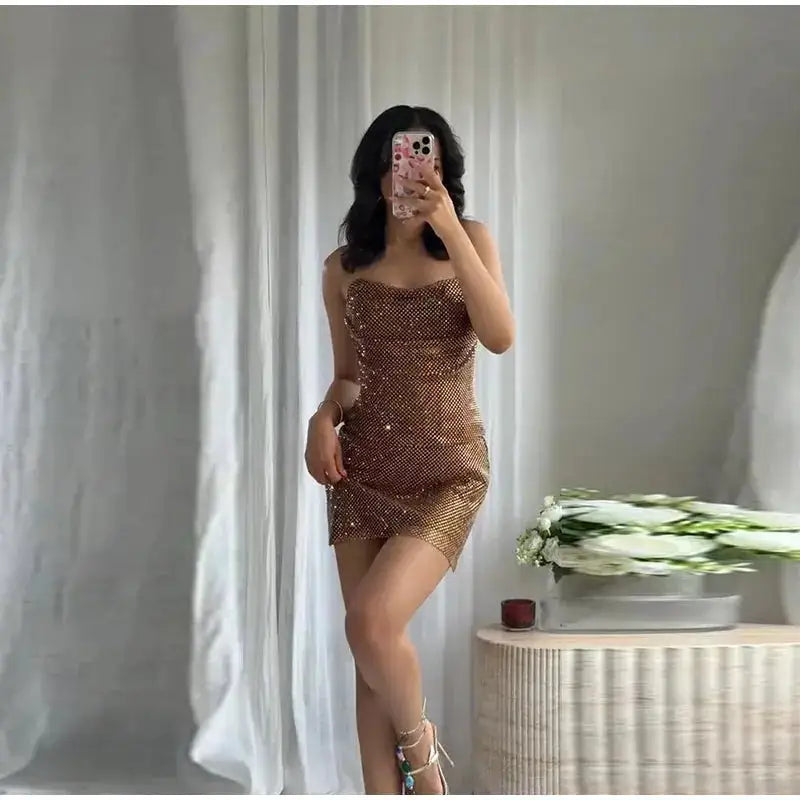 Rhinestone Shining Sexy Evening Dress Women Sleeveless Backless Slim Party Pleated Gown Female Dresses Street Vacation Lady Robe by Dropshipman