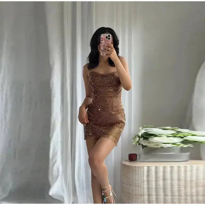 Rhinestone Shining Sexy Evening Dress Women Sleeveless Backless Slim Party Pleated Gown Female Dresses Street Vacation Lady Robe by Dropshipman