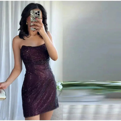 Rhinestone Shining Sexy Evening Dress Women Sleeveless Backless Slim Party Pleated Gown Female Dresses Street Vacation Lady Robe by Dropshipman