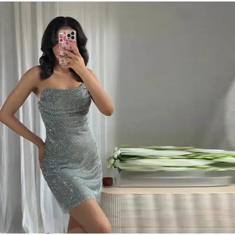 Rhinestone Shining Sexy Evening Dress Women Sleeveless Backless Slim Party Pleated Gown Female Dresses Street Vacation Lady Robe by Dropshipman
