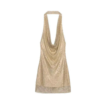 Rhinestone Shining Sexy Evening Dress Women Sleeveless Backless Slim Party Pleated Gown Female Dresses Street Vacation Lady Robe by Dropshipman