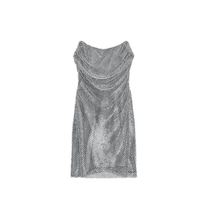 Rhinestone Shining Sexy Evening Dress Women Sleeveless Backless Slim Party Pleated Gown Female Dresses Street Vacation Lady Robe by Dropshipman