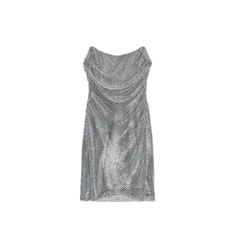 Rhinestone Shining Sexy Evening Dress Women Sleeveless Backless Slim Party Pleated Gown Female Dresses Street Vacation Lady Robe SHOPEZRA L.L.C.