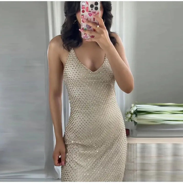 Rhinestone Shining Sexy Evening Dress Women Sleeveless Backless Slim Party Pleated Gown Female Dresses Street Vacation Lady Robe SHOPEZRA L.L.C.