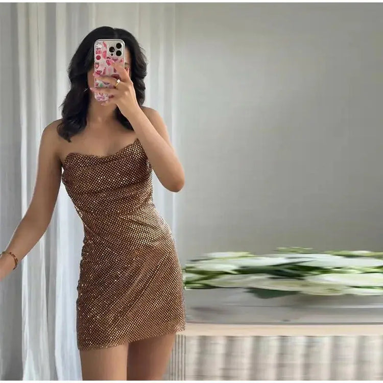 Rhinestone Shining Sexy Evening Dress Women Sleeveless Backless Slim Party Pleated Gown Female Dresses Street Vacation Lady Robe SHOPEZRA L.L.C.