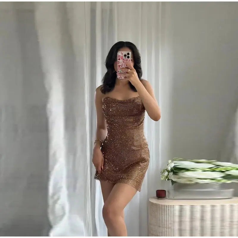 Rhinestone Shining Sexy Evening Dress Women Sleeveless Backless Slim Party Pleated Gown Female Dresses Street Vacation Lady Robe SHOPEZRA L.L.C.