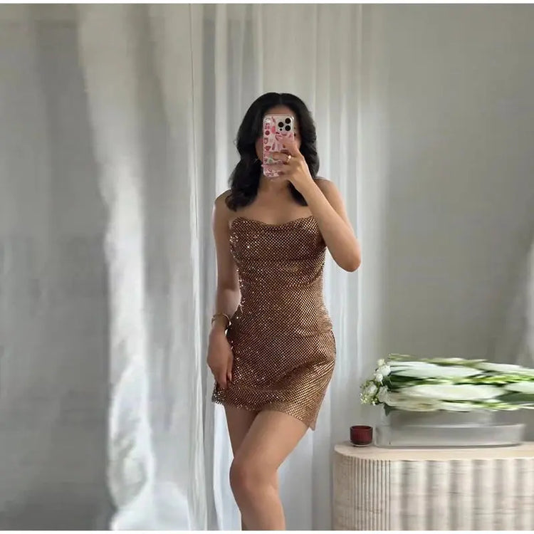 Rhinestone Shining Sexy Evening Dress Women Sleeveless Backless Slim Party Pleated Gown Female Dresses Street Vacation Lady Robe SHOPEZRA L.L.C.