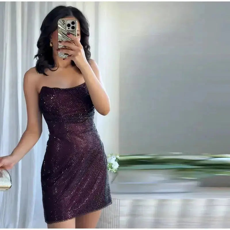 Rhinestone Shining Sexy Evening Dress Women Sleeveless Backless Slim Party Pleated Gown Female Dresses Street Vacation Lady Robe by Dropshipman
