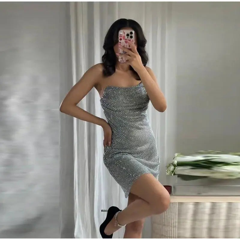Rhinestone Shining Sexy Evening Dress Women Sleeveless Backless Slim Party Pleated Gown Female Dresses Street Vacation Lady Robe SHOPEZRA L.L.C.