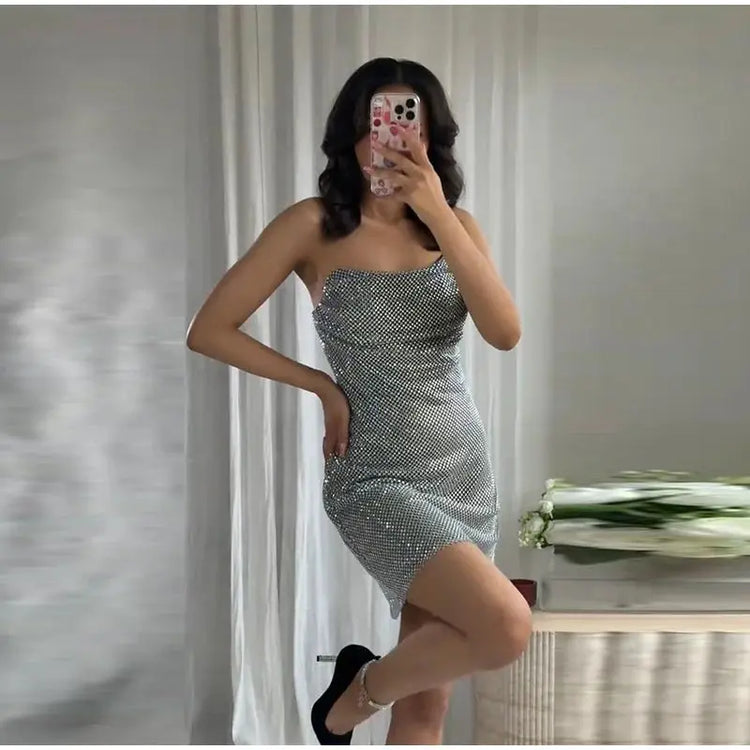 Rhinestone Shining Sexy Evening Dress Women Sleeveless Backless Slim Party Pleated Gown Female Dresses Street Vacation Lady Robe SHOPEZRA L.L.C.