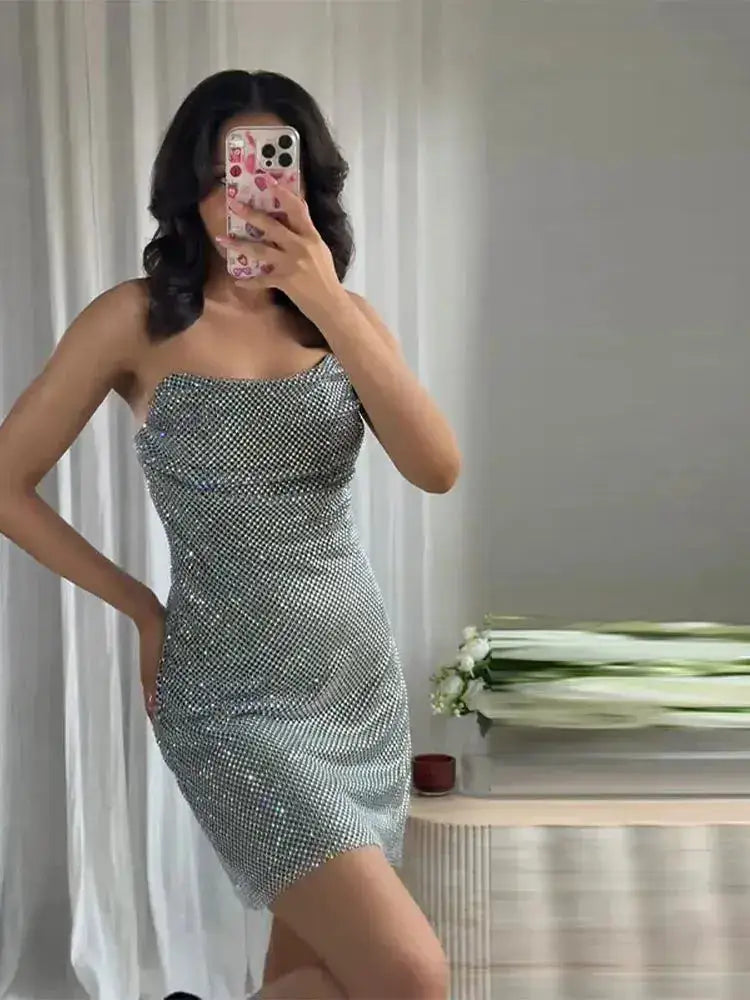 Rhinestone Shining Sexy Evening Dress Women Sleeveless Backless Slim Party Pleated Gown Female Dresses Street Vacation Lady Robe by Dropshipman
