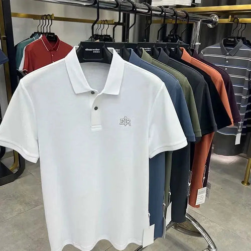 Green men's short sleeve cotton polo shirt with luxury brand embroidery, breathable fabric, and stylish summer design by SHOPEZRA L.L.C.