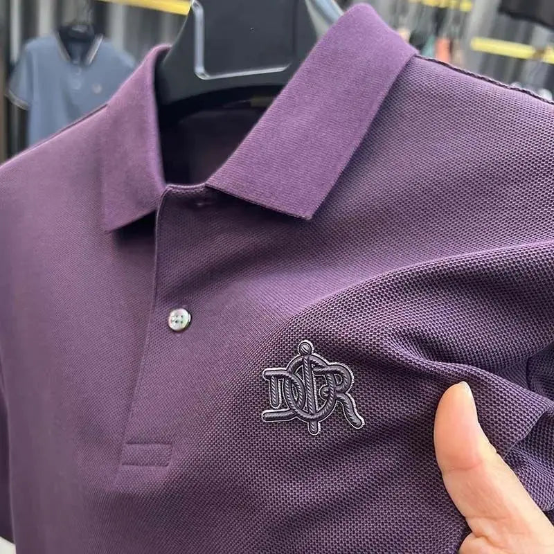 Green men's 100% cotton breathable short sleeve polo shirt with luxury brand embroidery, ideal for summer 2024 fashion.