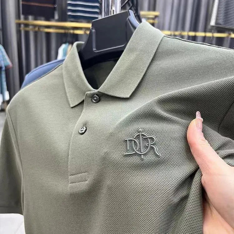Green men's short sleeve polo shirt by SHOPEZRA L.L.C., 100% cotton, breathable fabric, with luxury embroidery for summer 2024.