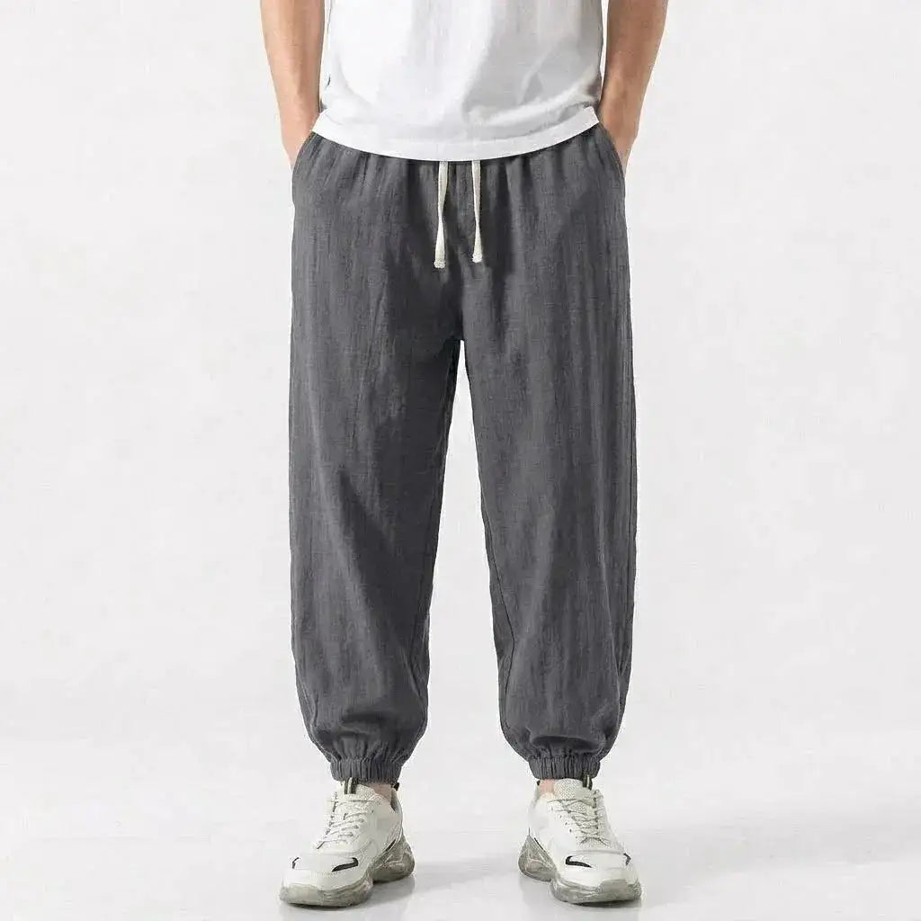 Mens Cotton Linen Harem Trousers Spring Summer Drawstring Loose Baggy Bottoms Casual Streetwear Pants for Gym Daily Work by Dropshipman