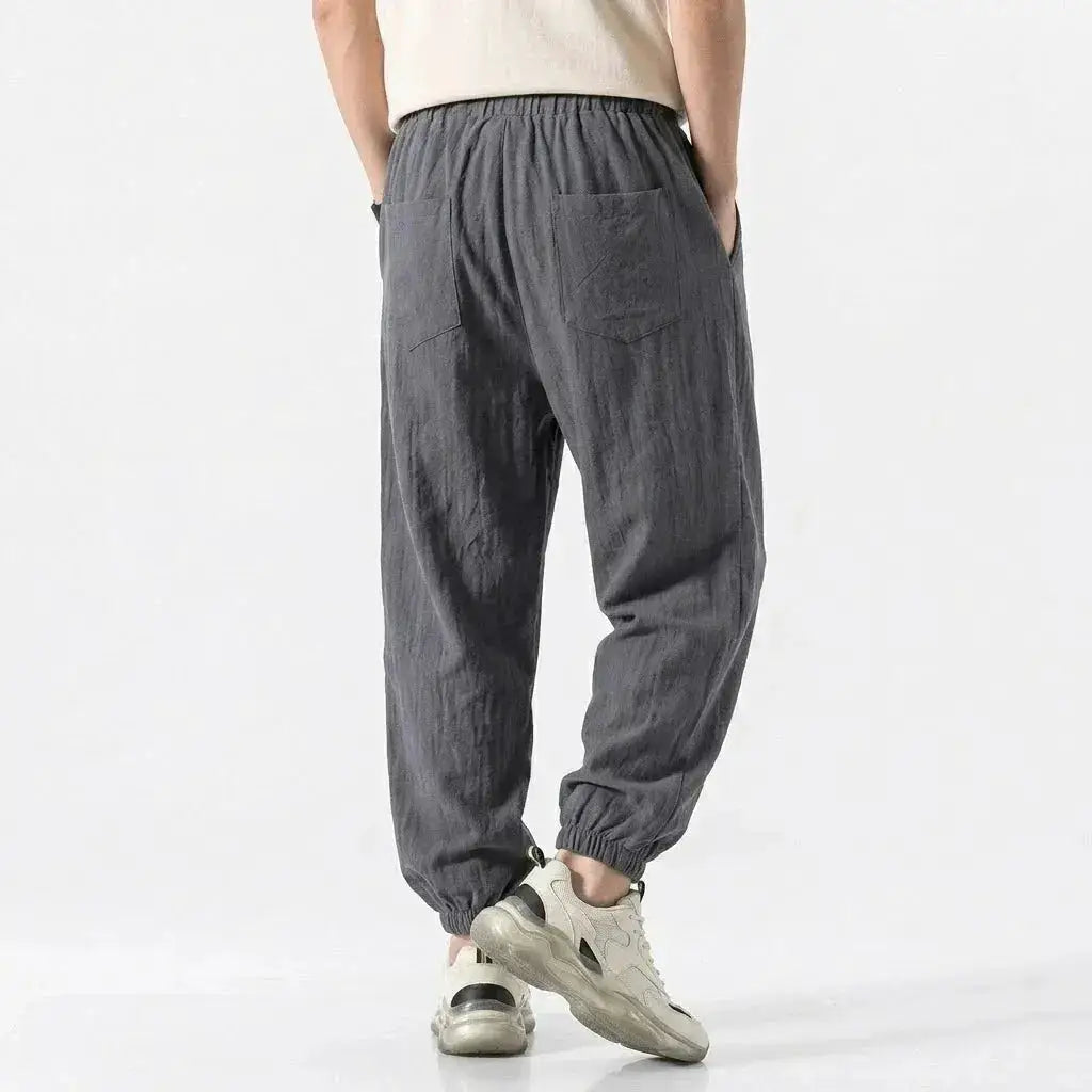 Mens Cotton Linen Harem Trousers Spring Summer Drawstring Loose Baggy Bottoms Casual Streetwear Pants for Gym Daily Work by Dropshipman