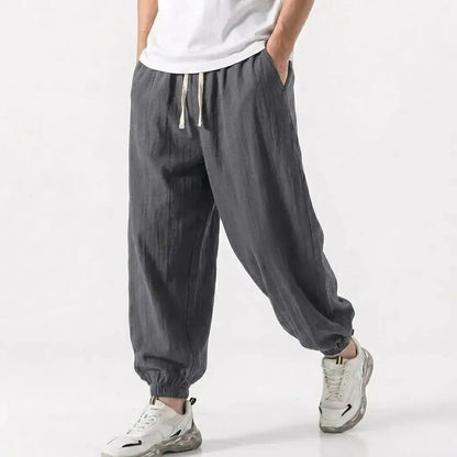 Mens Cotton Linen Harem Trousers Spring Summer Drawstring Loose Baggy Bottoms Casual Streetwear Pants for Gym Daily Work by Dropshipman
