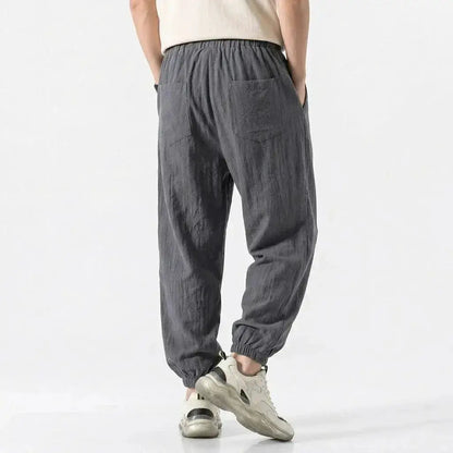 Mens Cotton Linen Harem Trousers Spring Summer Drawstring Loose Baggy Bottoms Casual Streetwear Pants for Gym Daily Work by Dropshipman