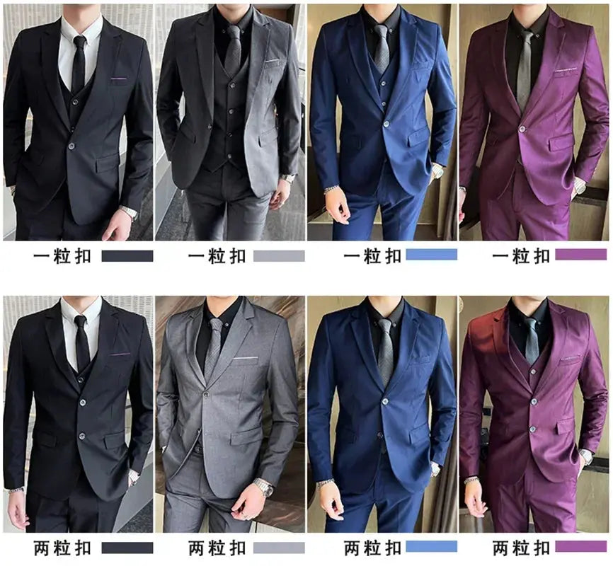 Men's grey British style wedding suit with blazer, vest, and pants featuring two buttons, suitable for formal, business, or outdoor events.