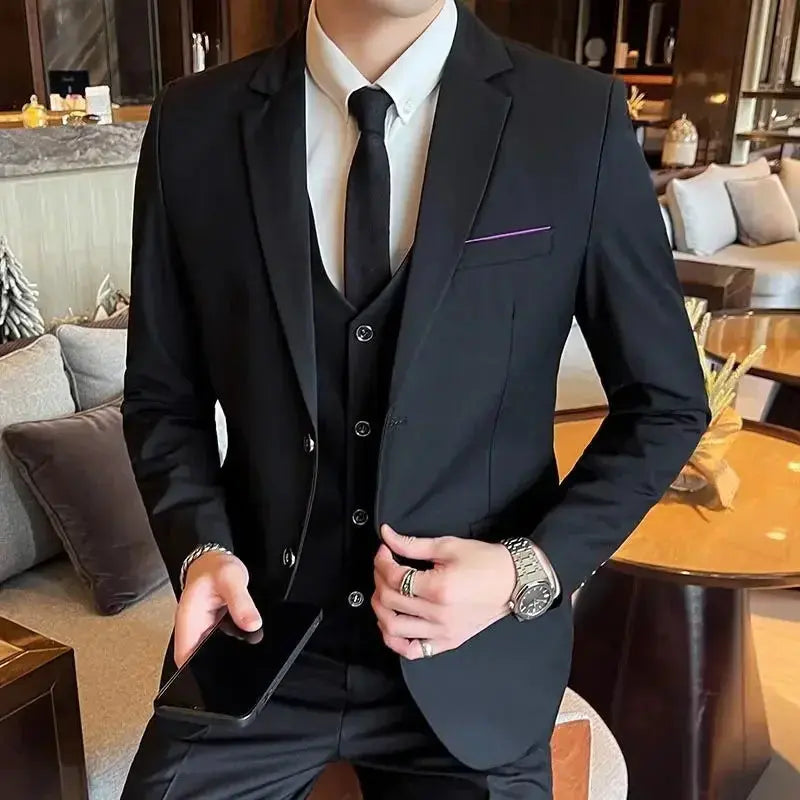 Men's grey British style wedding suit with blazer, vest, and pants, featuring two-button blazer, formal and casual outdoor fashion.