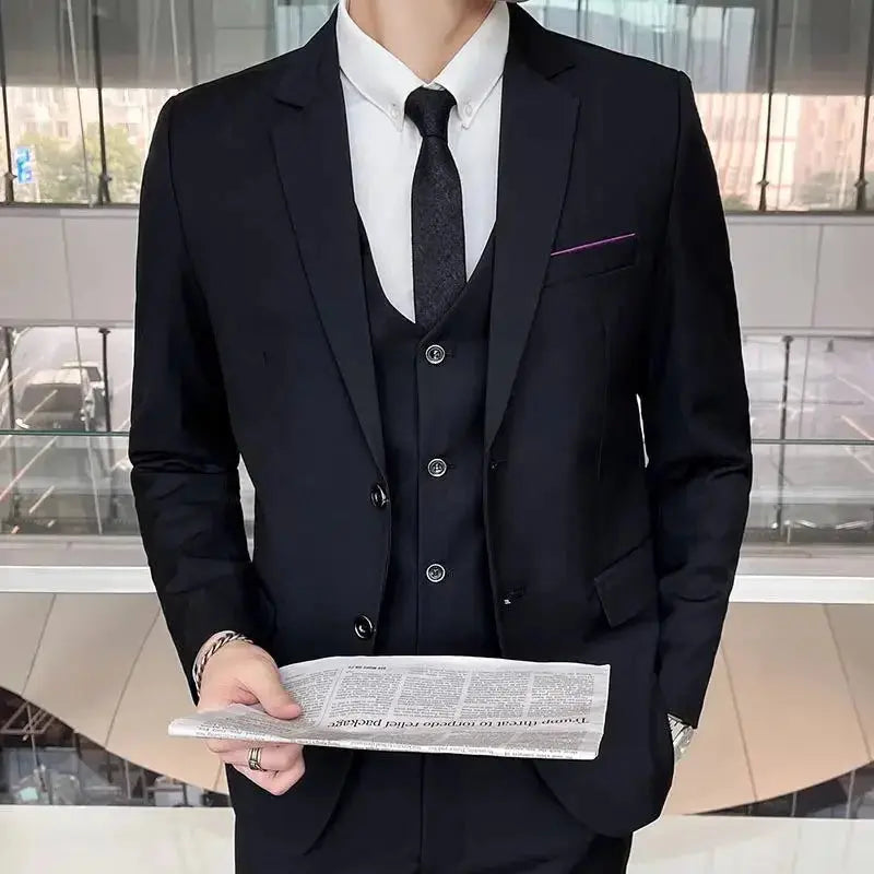 Grey men's British style suit with blazer, vest, and pants, ideal for business, formal, wedding, and outdoor occasions.