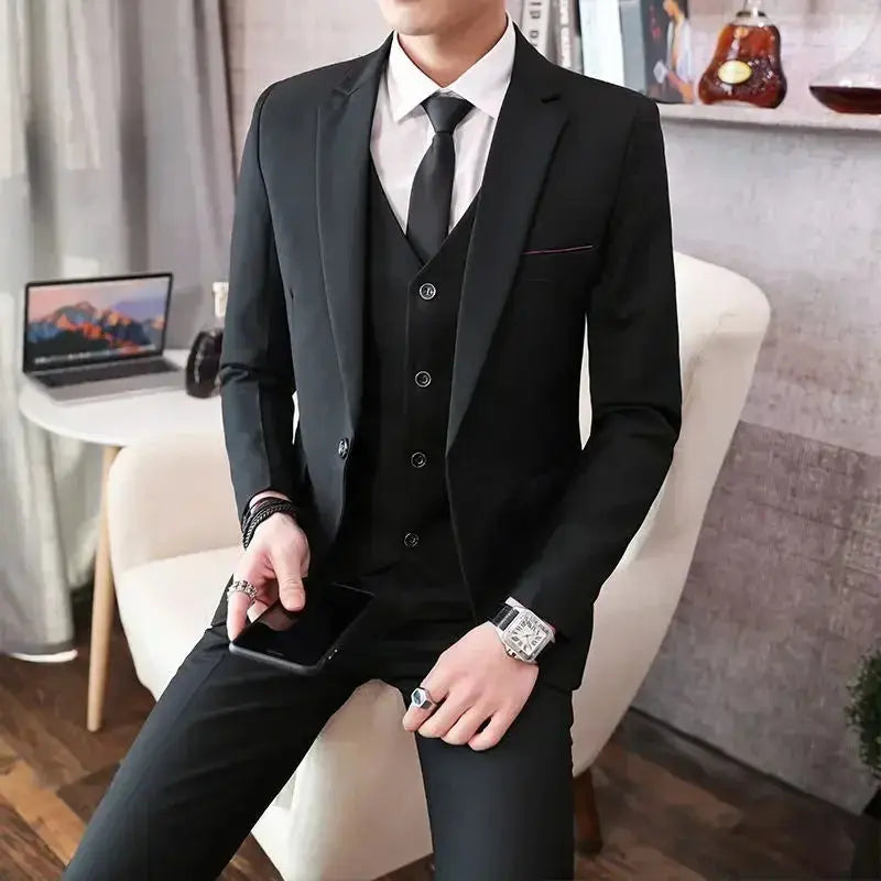 Men's grey British style wedding suit with blazer, vest, and pants, featuring two buttons for formal outdoor or business occasions.
