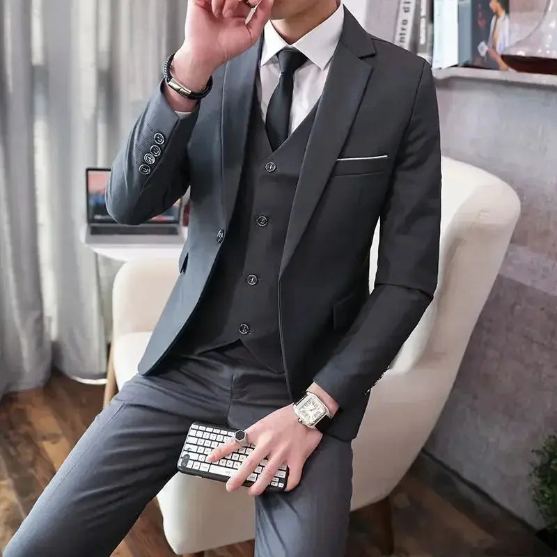 Men's grey British-style wedding suit with blazer, vest, and pants, featuring two buttons, perfect for formal or outdoor occasions.