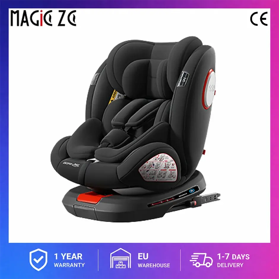 Shopezra L.L.C. grey 360 swivel toddler car seat with retractable support, ISOFIX mount, side impact modules, and adjustable facing.