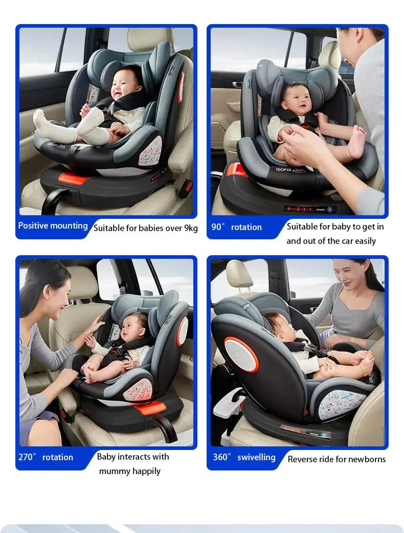 Grey SHOPEZRA L.L.C. 360 swivel toddler car seat with anti-tip leg, ISOFIX mount, side impact modules, and adjustable forward/rearward facing.