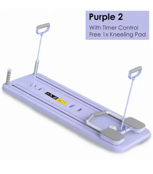 Purple abdominal wheel fitness board with timer control and free kneeling pad for home workouts.
