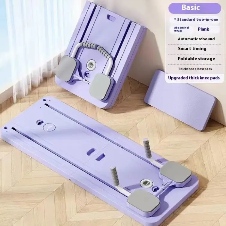 Household abdominal wheel fitness board showing automatic rebound features and foldable design for home workouts.
