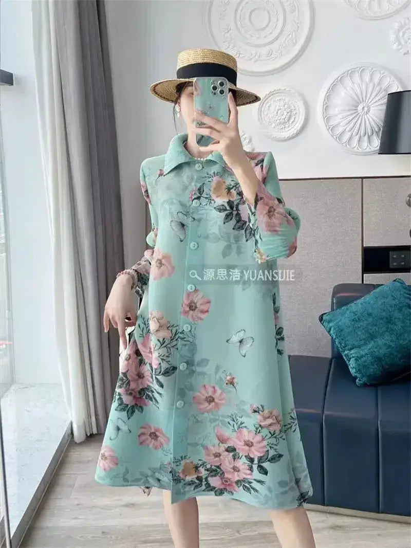 Womens Dresses Evening Dresses Fashion Holiday Style Printed Dress Spring/Summer Flower Folding Long Dress Loose Plus Size Skirt by Dropshipman