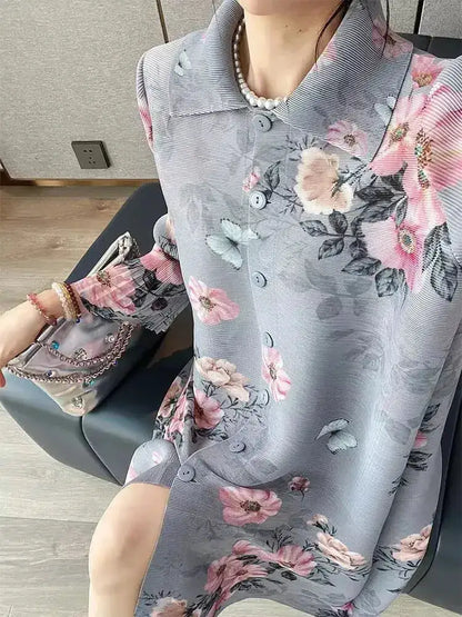 Womens Dresses Evening Dresses Fashion Holiday Style Printed Dress Spring/Summer Flower Folding Long Dress Loose Plus Size Skirt by Dropshipman