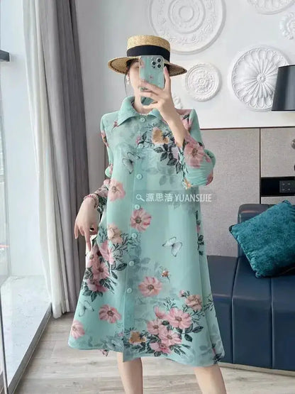 Womens Dresses Evening Dresses Fashion Holiday Style Printed Dress Spring/Summer Flower Folding Long Dress Loose Plus Size Skirt by Dropshipman