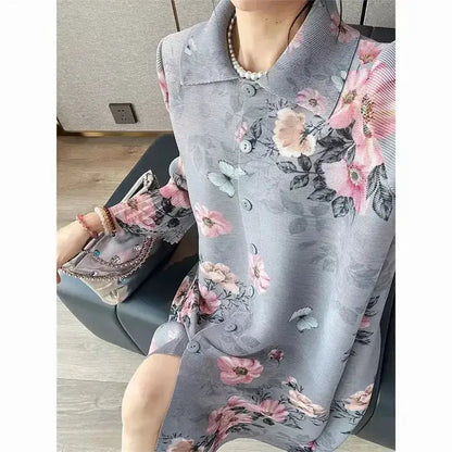 Womens Dresses Evening Dresses Fashion Holiday Style Printed Dress Spring/Summer Flower Folding Long Dress Loose Plus Size Skirt by Dropshipman