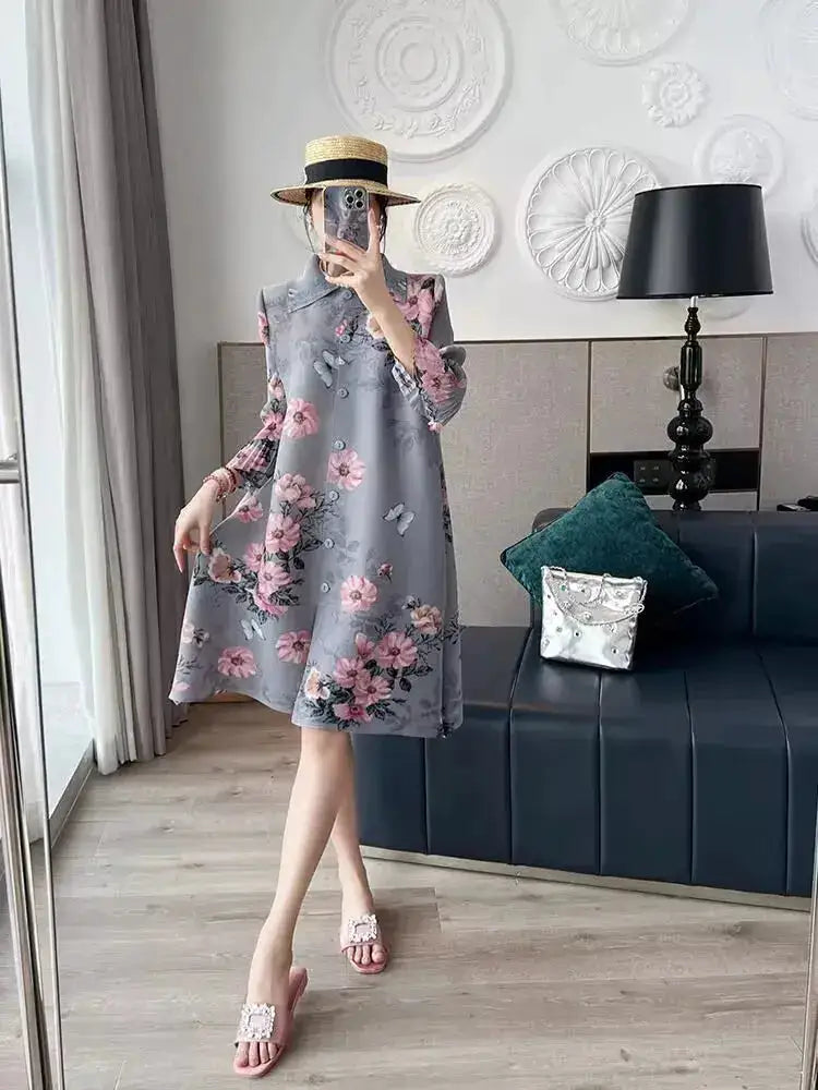 Womens Dresses Evening Dresses Fashion Holiday Style Printed Dress Spring/Summer Flower Folding Long Dress Loose Plus Size Skirt by Dropshipman