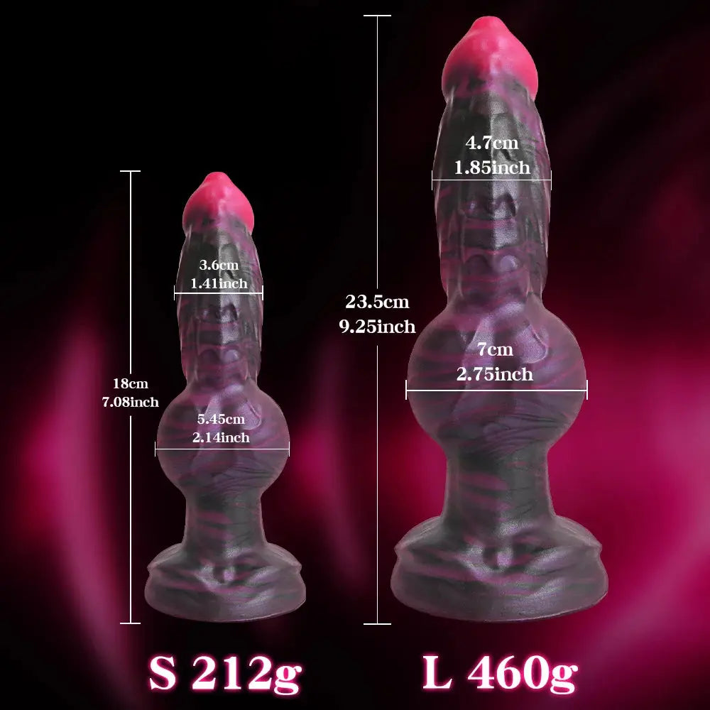 Large thick liquid silicone dog knot dildo with anal butt plug design, suitable for G-spot and prostate stimulation for adults.