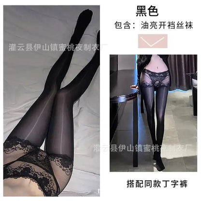 Fun Oil Shiny Silk Stockings Sexy Mesh Transparent Horse Oil Jumper Socks High Waist Hip Lifting Open Gear Free Socks for Hair by Dropshipman