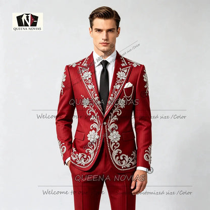 Striped Suits Men For Wedding Customzied Heavy Rhinestone Beadwork Jacket Pants 2 Pieces Sets Groom Tuxedo Attires Ropa Hombre by Dropshipman