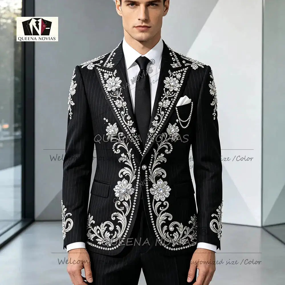 Striped Suits Men For Wedding Customzied Heavy Rhinestone Beadwork Jacket Pants 2 Pieces Sets Groom Tuxedo Attires Ropa Hombre by Dropshipman
