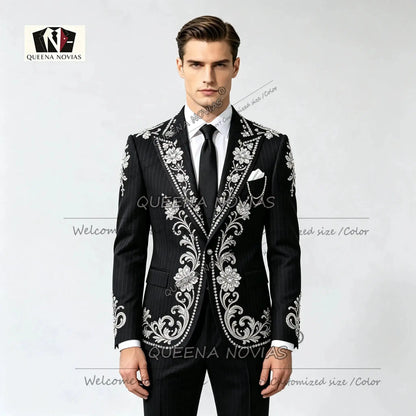 Striped Suits Men For Wedding Customzied Heavy Rhinestone Beadwork Jacket Pants 2 Pieces Sets Groom Tuxedo Attires Ropa Hombre by Dropshipman