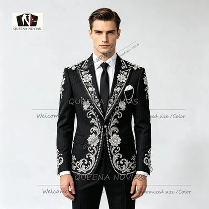 Striped Suits Men For Wedding Customzied Heavy Rhinestone Beadwork Jacket Pants 2 Pieces Sets Groom Tuxedo Attires Ropa Hombre SHOPEZRA L.L.C.