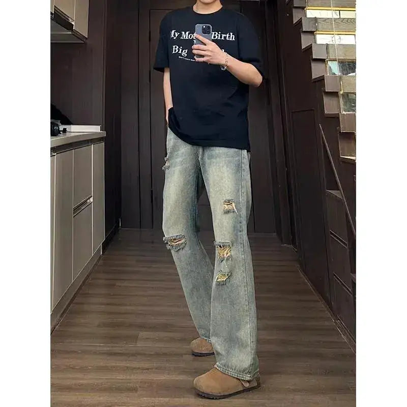 Man Pants Mens Jeans Baggy Jeans Distressed Loose Straight Leg Summer Retro High Street Casual Trousers For Men by Dropshipman