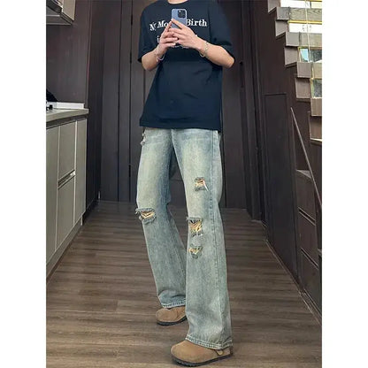 Man Pants Mens Jeans Baggy Jeans Distressed Loose Straight Leg Summer Retro High Street Casual Trousers For Men by Dropshipman