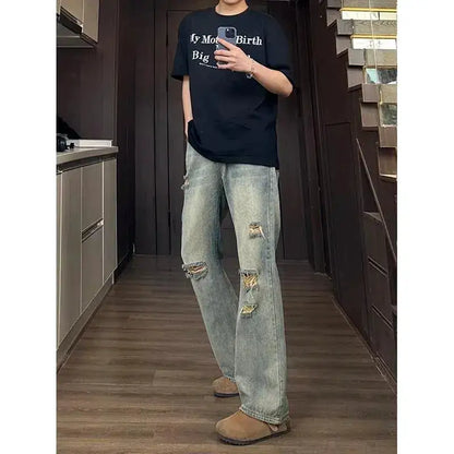 Man Pants Mens Jeans Baggy Jeans Distressed Loose Straight Leg Summer Retro High Street Casual Trousers For Men by Dropshipman