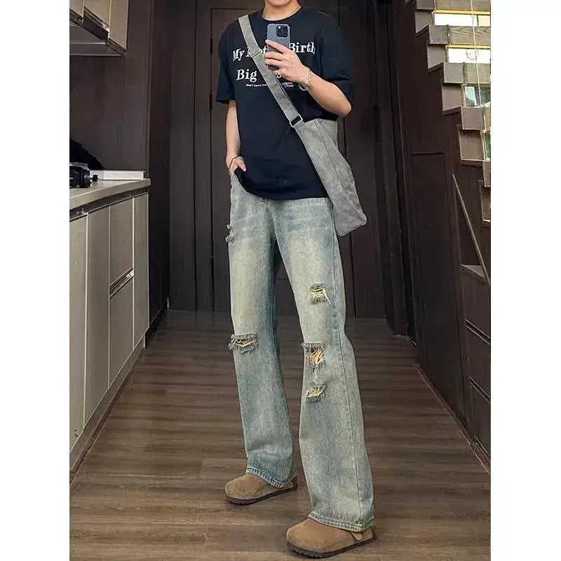 Man Pants Mens Jeans Baggy Jeans Distressed Loose Straight Leg Summer Retro High Street Casual Trousers For Men by Dropshipman