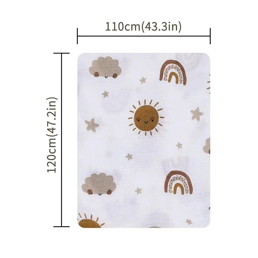 Soft bamboo cotton baby muslin swaddle blanket with cute print, 120x110cm, ideal for wrapping and gentle baby care.