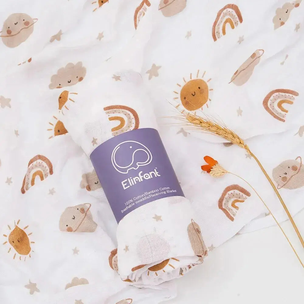 Soft bamboo cotton baby muslin swaddle blanket with cute print, measuring 120x110cm, ideal for wrapping and cuddling.